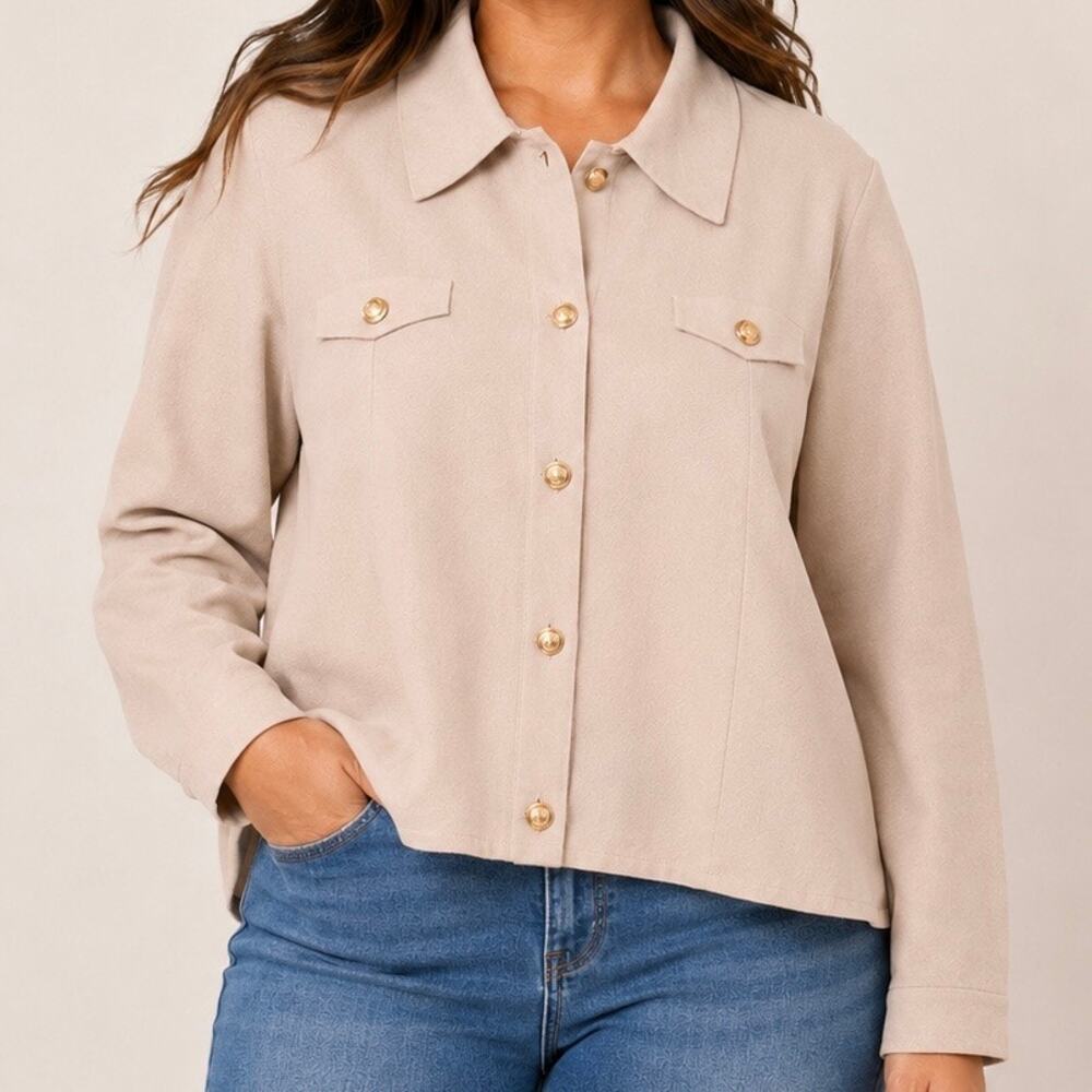 LOVETREND NEW YORK | Gold Button Knit Shacket Collared Oversized Beige NWT | 2X